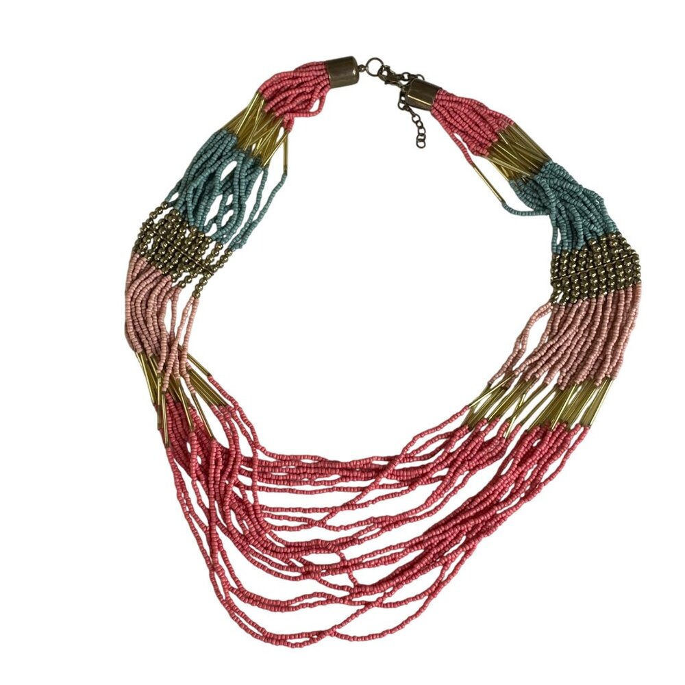 Multi Strand Beaded Layered Boho Statement Necklace Adjustable Closure u